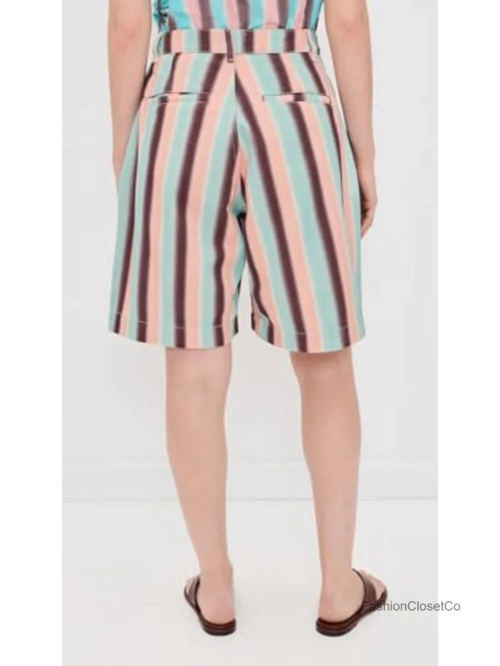 Women's Bermuda Shorts High Rise Cotton Pleated Strap Detail